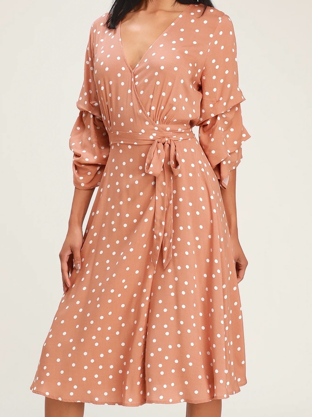 Polka Dot Wrap Midi Dress in Dusty Rose Size S